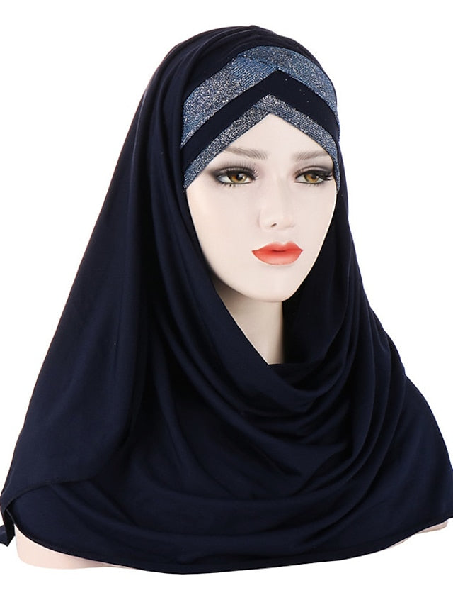 Forehead Cross Hair Wrap Scarf Solid Color Glitter Sequins Jersey Hijabs Muslim Headband Women Turban Hair Cap Headscarf for Women