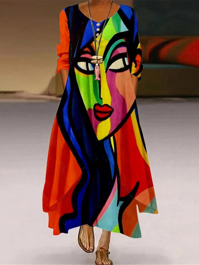 Abstract Portrait Floral Long Dress Maxi Dress Casual Dress Shift Dress Print Dress Fashion Streetwear Outdoor Daily Weekend Pocket Print Long Sleeve V Neck Dress Loose Fit Yellow Red Blue for Women