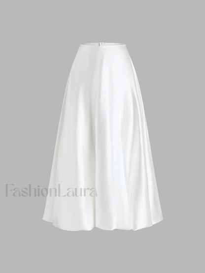 Zippered Satin Graceful A-Line Midi Skirt