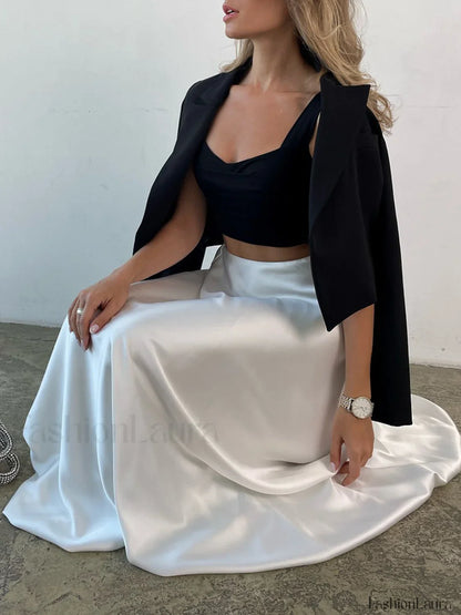 Zippered Satin Graceful A-Line Midi Skirt