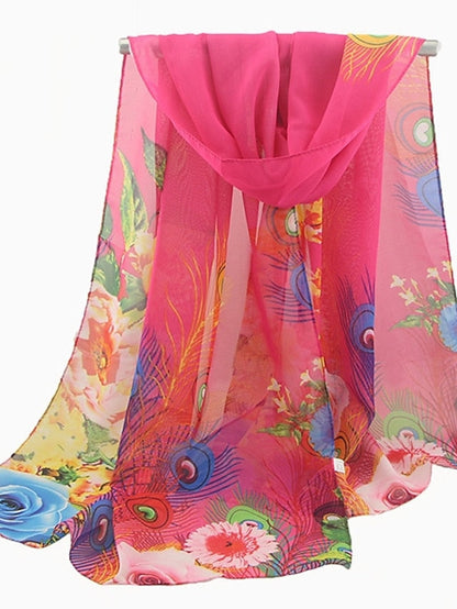Ladies Peacock Feather Print Chiffon Silk Scarf Sun Protection Beach Towel Shawl for Women