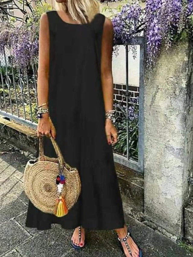 A Line Dress Maxi long Dress Sleeveless Solid Color Patchwork Spring Summer Round Neck Basic Essential Casual Boom Sale Dress S M L XL 2XL 3XL 4XL 5XL for Women
