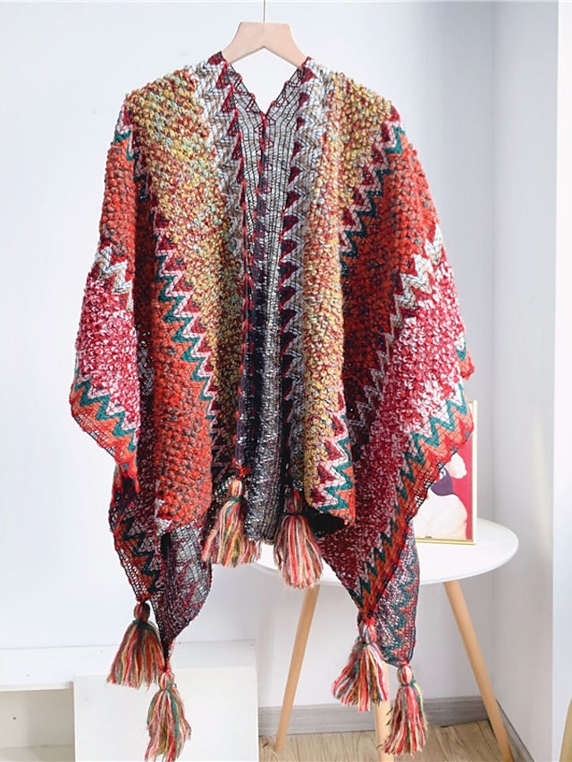 Women Autumn Winter New Colorful Thick Ponchos Knitted Ladies Cloak Warm Fashion Scarves & Wraps Holiday Travel Ethnic Covers for Women