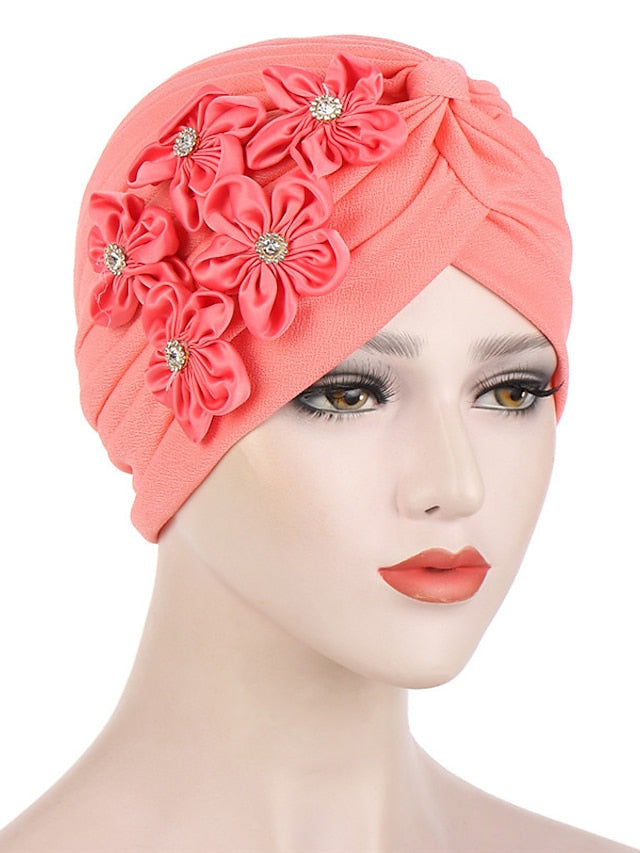 Elegant Women Five Flowers Turban Caps Muslim Elastic Crystal Party Headscarf Bonnet Ladies Hair Accessories Indian Cap for Women