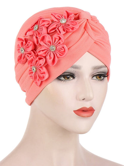 Elegant Women Five Flowers Turban Caps Muslim Elastic Crystal Party Headscarf Bonnet Ladies Hair Accessories Indian Cap for Women