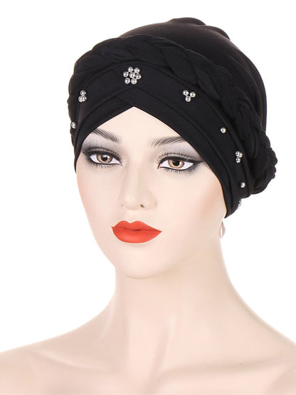 Multiple Colors Choice with Beads Women Muslim Braid Head Turban Wrap Cover Islamic Arab Cap Fashion Hair Loss Bonnet Beanies for Women