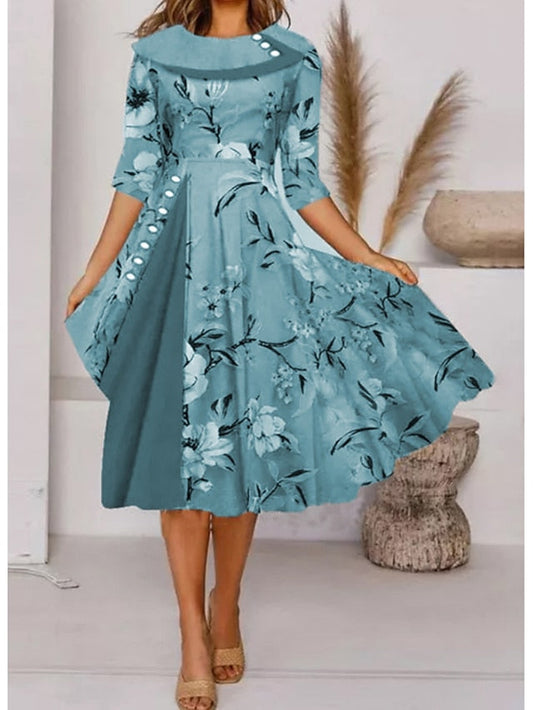 A Line Dress Knee Length Dress Gray Half Sleeve Floral Print Spring Summer Crew Neck Elegant Casual  S M L XL XXL 3XL for Women