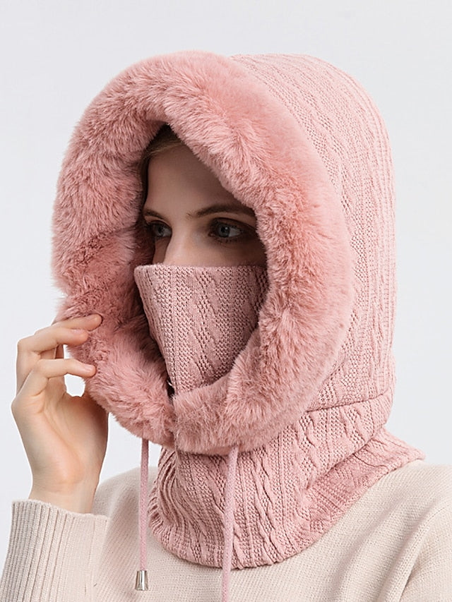 High Quality Winter Fur Cap Mask Set Hooded for Women Knitted Cashmere Neck Warm Outdoor Ski Windproof Hat Thick Plush Fluffy Beanies for Women