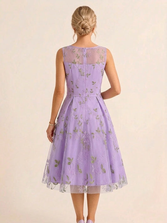 Vintage 1950s Floral Midi Dress For Women - Embroidery Mesh Illusion Neck A-Line Swing Prom Dress - Summer Cocktail 2026