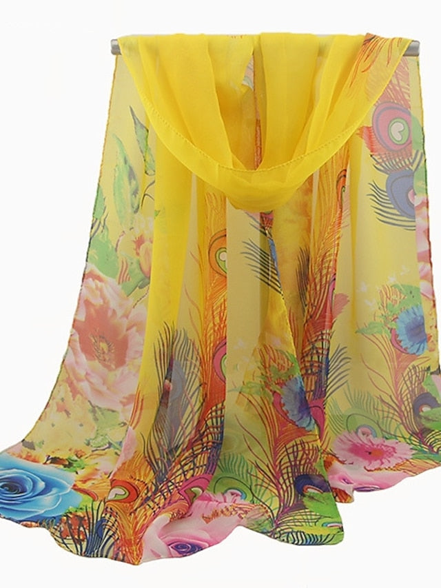 Ladies Peacock Feather Print Chiffon Silk Scarf Sun Protection Beach Towel Shawl for Women