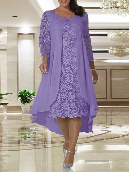 A-Line Mother of the Bride Dress Plus Size Elegant Jewel Neck Knee Length Chiffon Lace Long Sleeve with Lace 2023