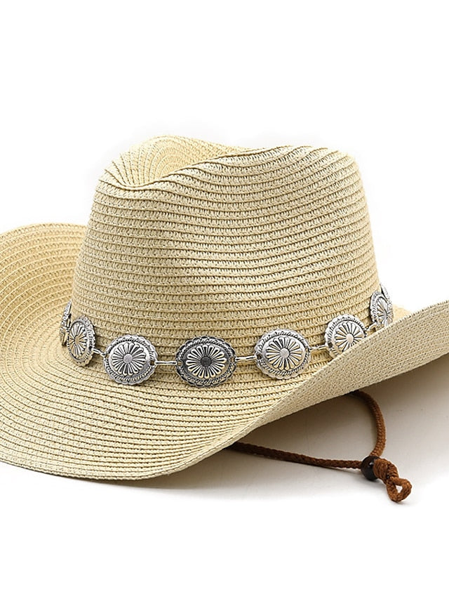 New Summer Men Women Straw Hollow Western Cowboy Hat Elegant Lady Punk Cowgirl Outdoor Jazz Beach with Adjustable Rope Sun Hat for Women