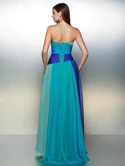 A-Line Color Block Dress Wedding Guest Floor Length Sleeveless Sweetheart Chiffon Backless with Ruched Crystals 2023