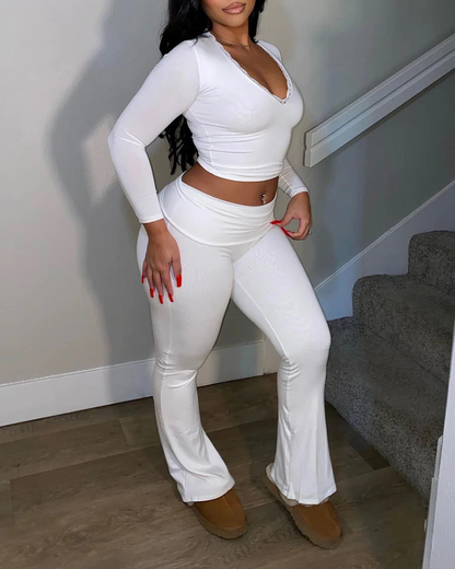 Lace V-Neck Top High-Waisted Trousers Set