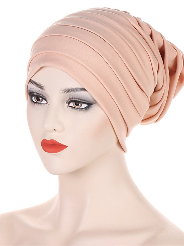 Candy Color Ladies Head Wraps Muslim Hijab Bonnets Fashion Headgear Trendy Elastic Full Body Pleated Turban Cap for Women for Women