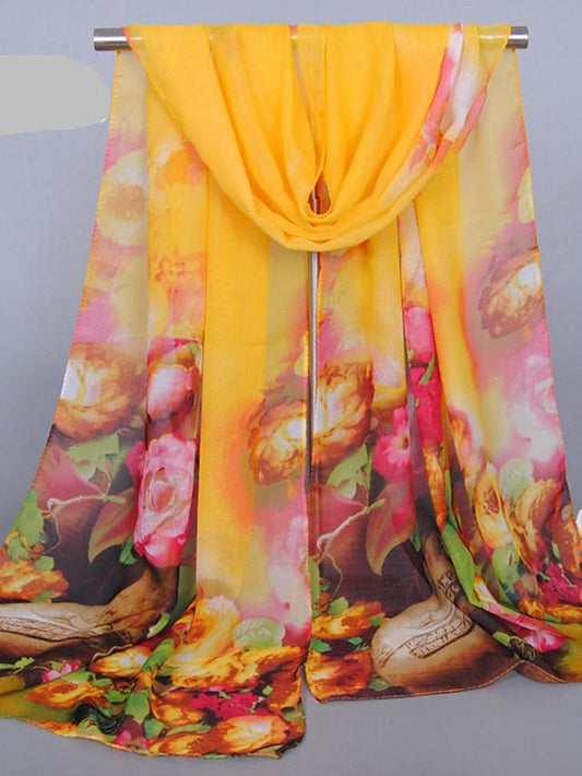 Rectangle Scarf Chiffon Scarf Street Holiday Red Scarf Flower for Women