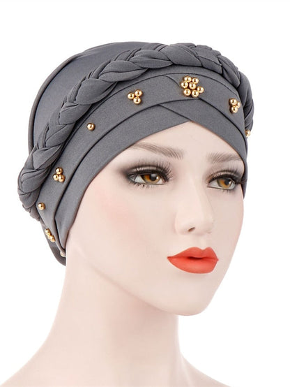 Women Lady Gold Beads Muslim Braid Head Turban Soft Islamic Arab Cap Hat Hair Care Bonnet Beanies Fashion for Women