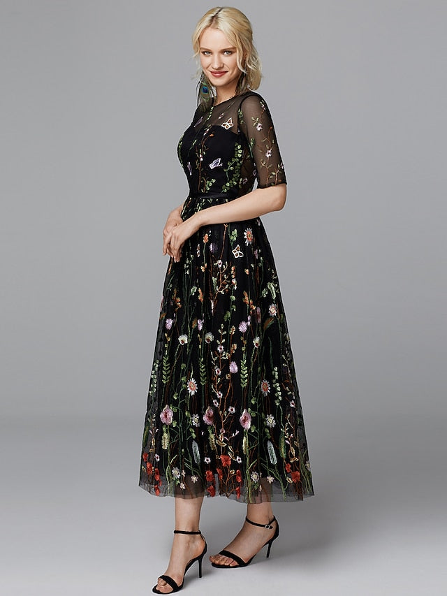 A-Line Floral Dress Holiday Tea Length Half Sleeve Illusion Neck Lace with Embroidery Appliques 2023
