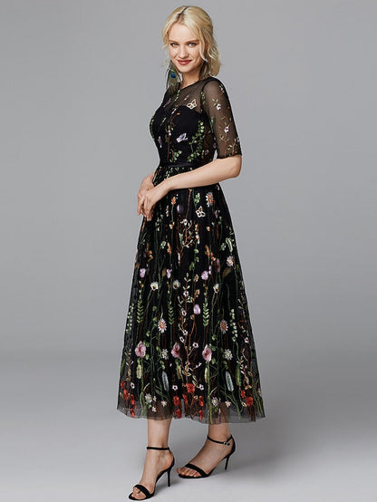 A-Line Floral Dress Holiday Tea Length Half Sleeve Illusion Neck Lace with Embroidery Appliques 2023