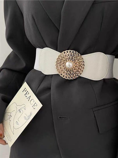 round buckle chain elastic elastic girdle female outer suit dress pearl disc black retro belt for Women