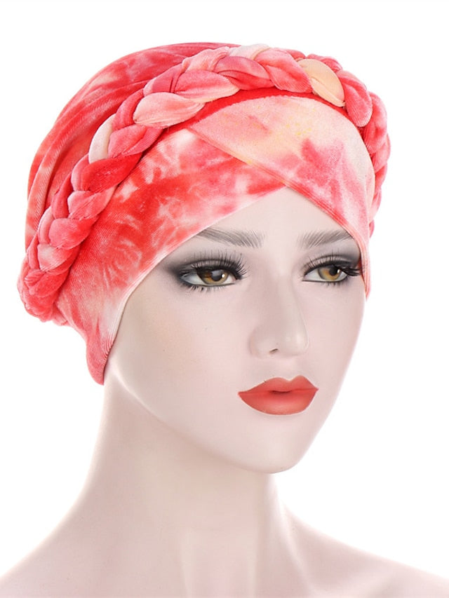 India Tie Dye Turban Cap Muslim Women Hijab Hair Care Hat Braid Headscarf Beanie Bonnet Islamic Headwear Wrap Hair Loss Cover for Women